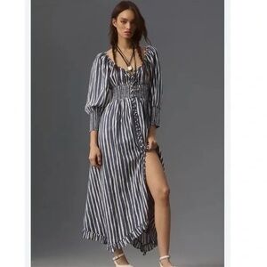 By Anthropologie Long-Sleeve Smocked-Waist Stripe Maxi Dress